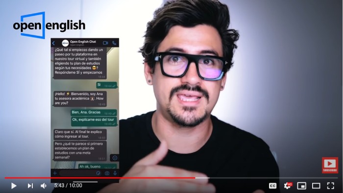 Andres En Ingles Youtuber sobre el apoyo al estudiante de Open English por Whatsapp
