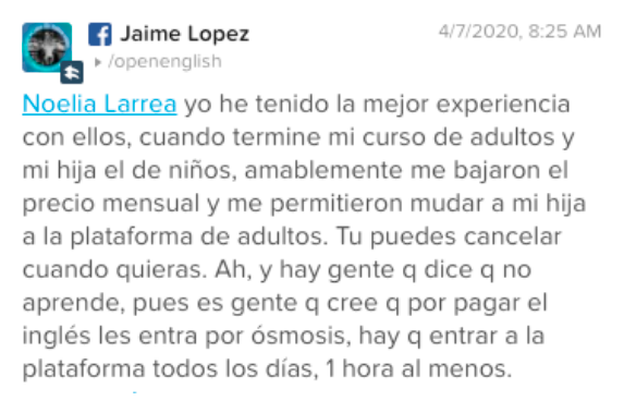 Opinión de Jaime Lopez sobre Open English